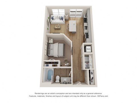 Floor plan for studio, 1 bath, 615 sqft